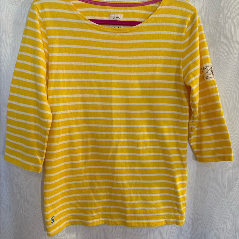 Joules Harbour Yellow White Stripe Top 3/4 Sleeve 100% Cotton Size 6 nautical